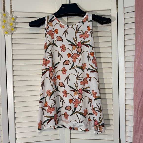 LOFT Tops - LOFT Elegant Flowing Tank Top in White with Coral and Green Flower Accents